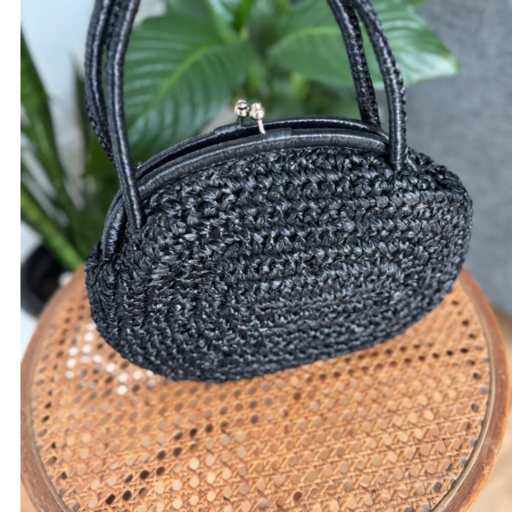 Vintage Black Woven Round Straw Handbag